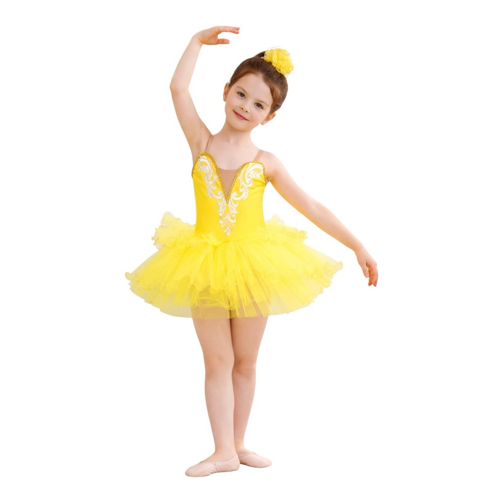 Yellow Ballet Tutu Dress Size 140 Girls Dance Costume w/ Hair Piece Sparkle Bodi